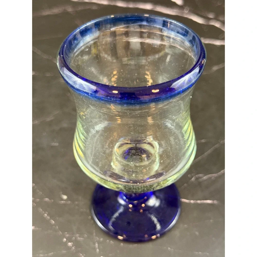 Mexican Hurricane Glass Hand Blown Cobalt Blue Stem and Rim 5 1/8in